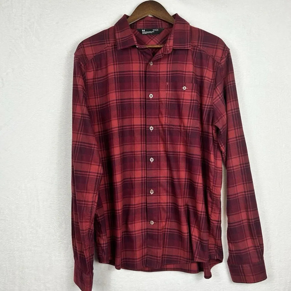 Under Armour Men's Red Plaid Button Up Fitted Long Sleeve‎ Shirt Size Large - Picture 1 of 11